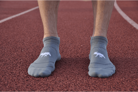 SockMoose high performance running socks grey ankle tab, track, moisture wicking, breathable