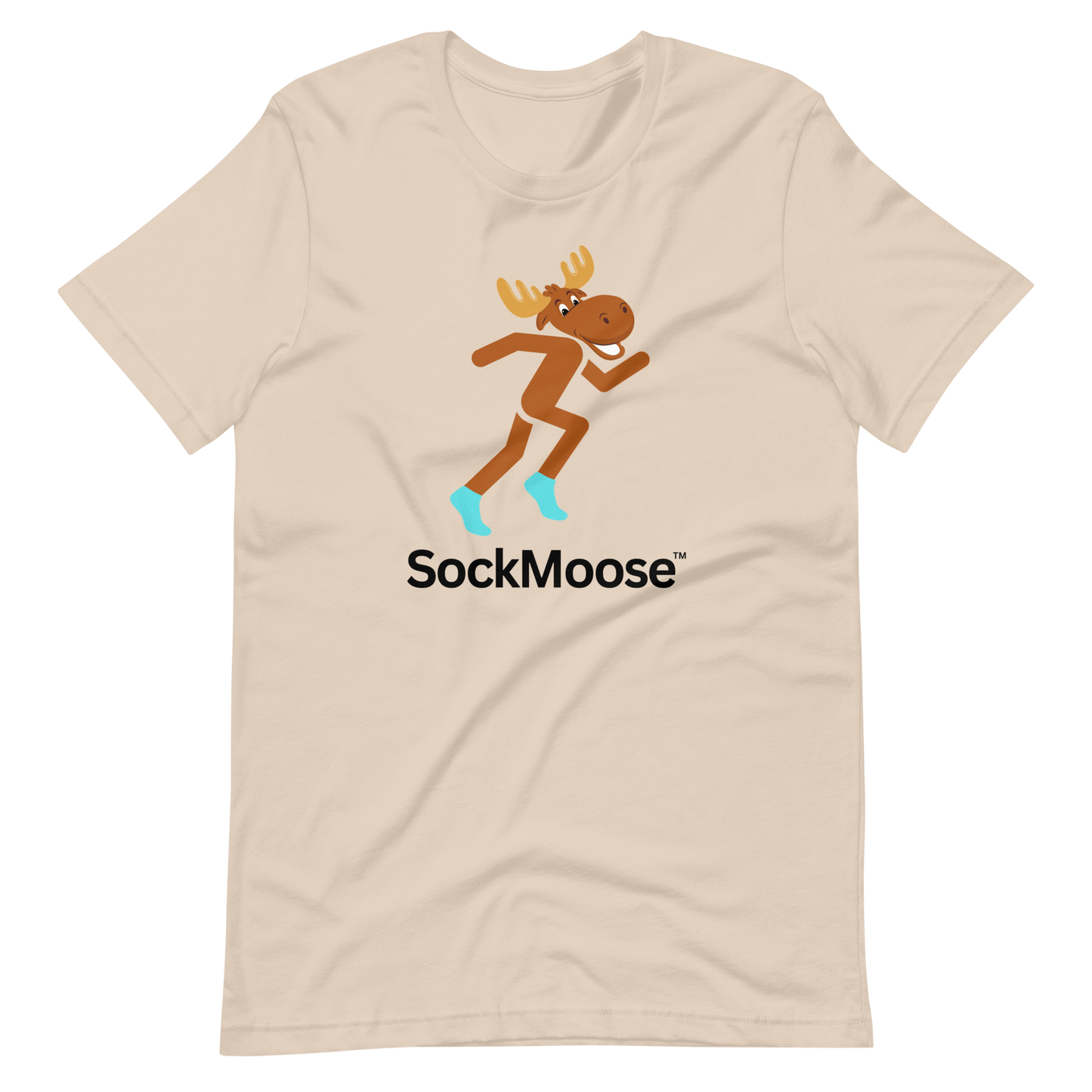 Cream Runnin' Moose Graphic T-Shirt featuring a cartoon moose running in SockMoose socks