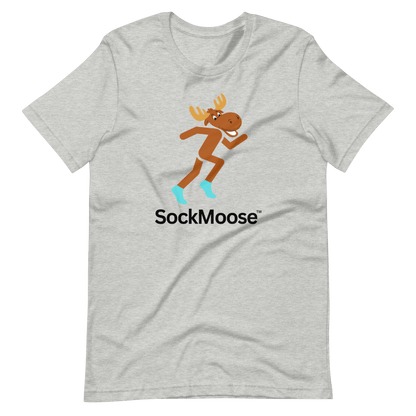 Heather Runnin' Moose Graphic T-Shirt featuring a cartoon moose running in SockMoose socks