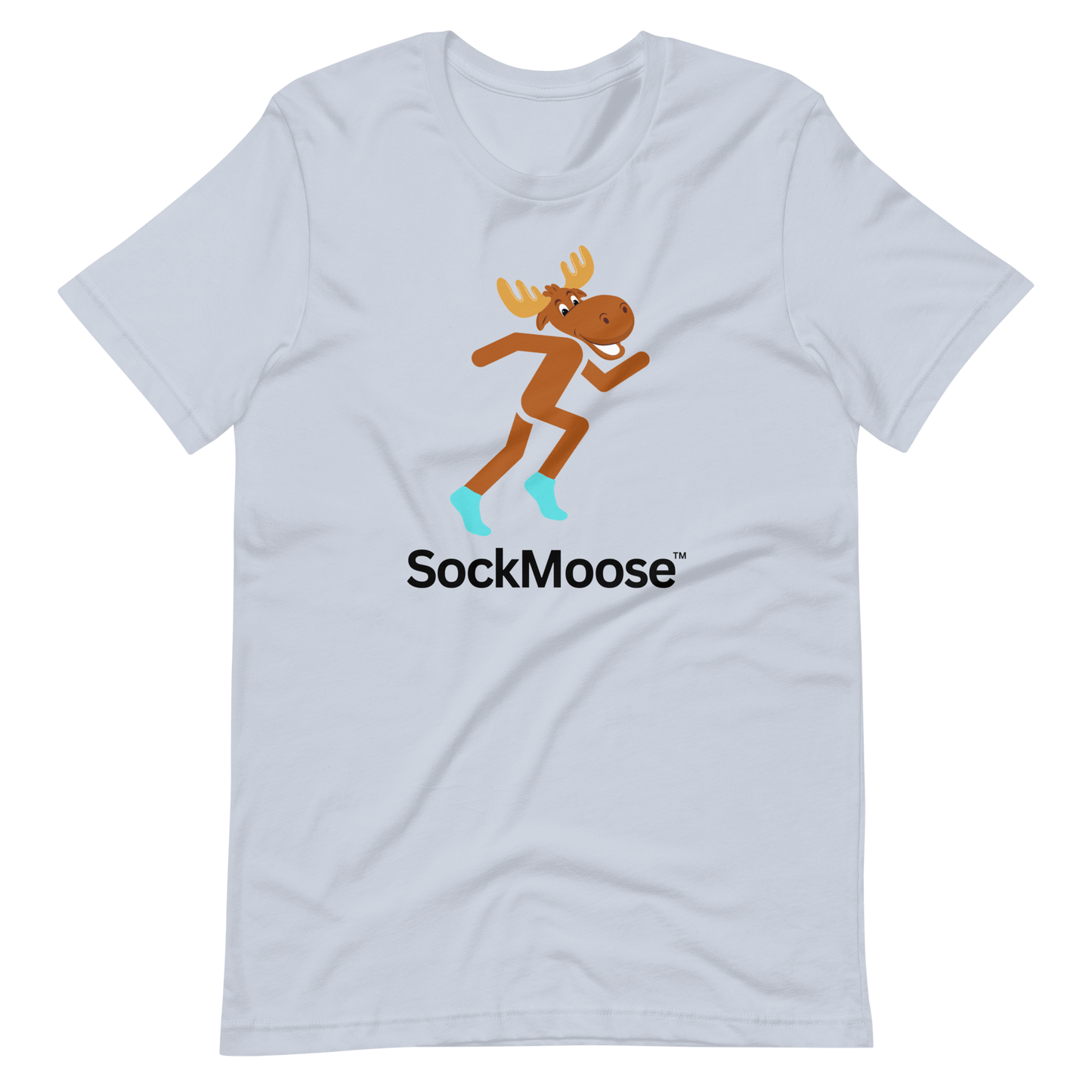 Light Blue Runnin' Moose Graphic T-Shirt featuring a cartoon moose running in SockMoose socks