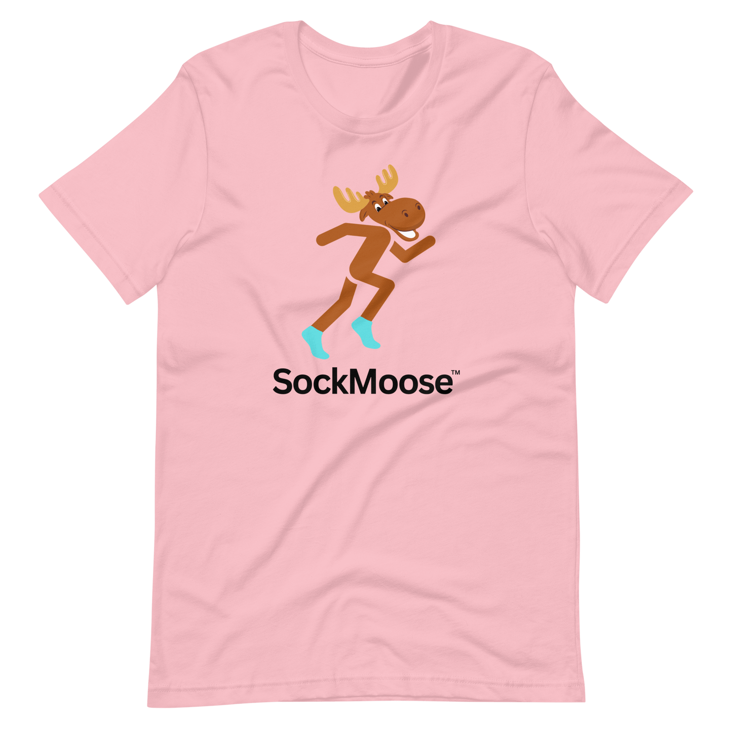 Pink Runnin' Moose Graphic T-Shirt featuring a cartoon moose running in SockMoose socks