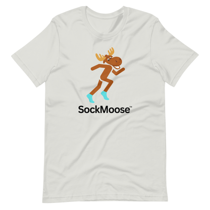 Silver Runnin' Moose Graphic T-Shirt featuring a cartoon moose running in SockMoose socks