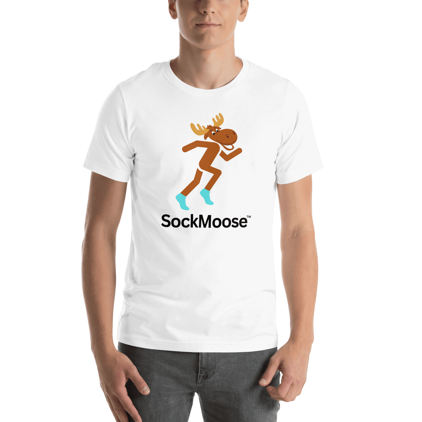 White Runnin' Moose Graphic T-Shirt worn by a male model, featuring a cartoon moose in SockMoose socks, highlighting the fit and vibrant design