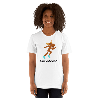 White Runnin' Moose Graphic T-Shirt worn by a female model, featuring a cartoon moose in SockMoose socks, highlighting the fit and vibrant design