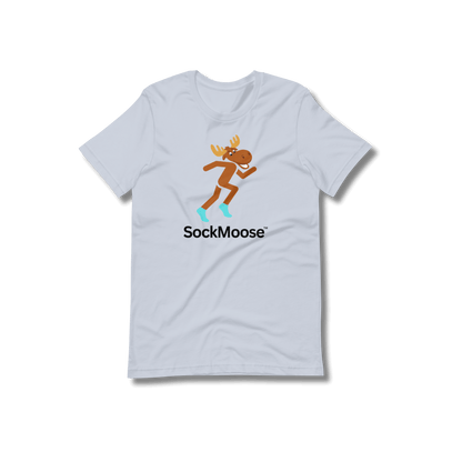 SockMoose running socks light blue graphic t shirt with cartoon moose logo