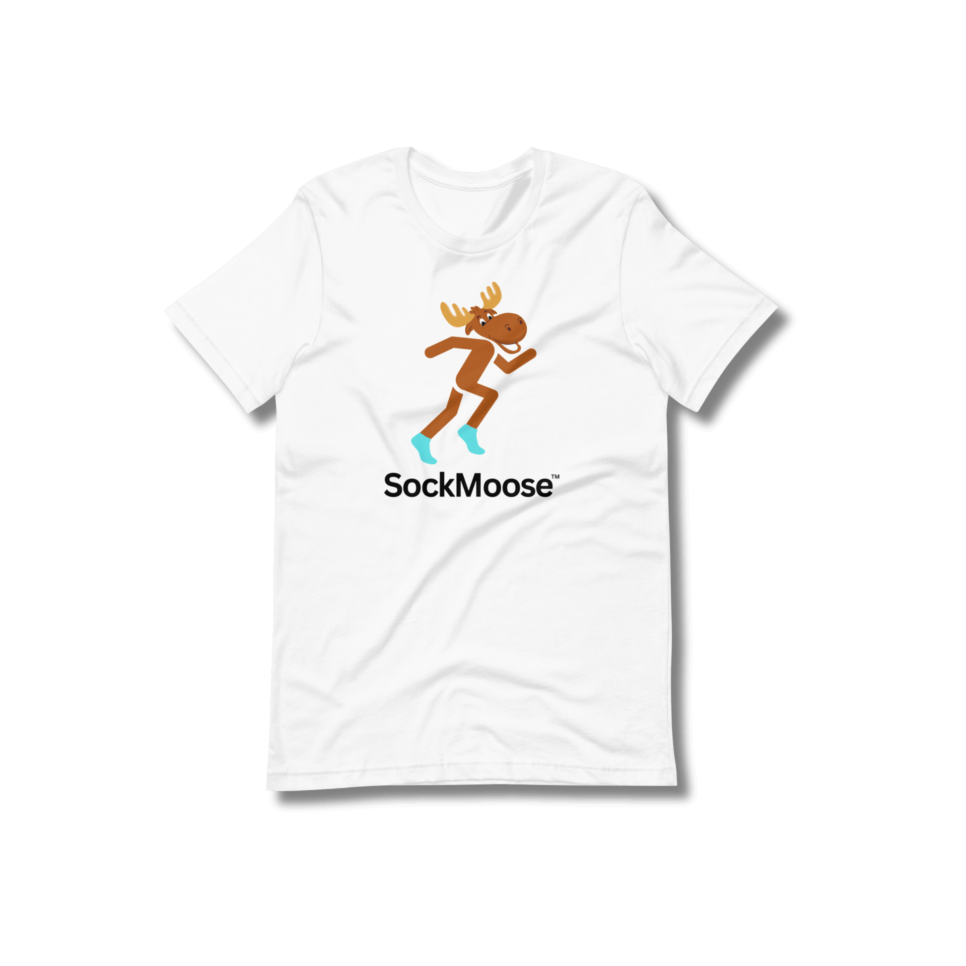 SockMoose running socks white graphic t shirt with cartoon moose logo