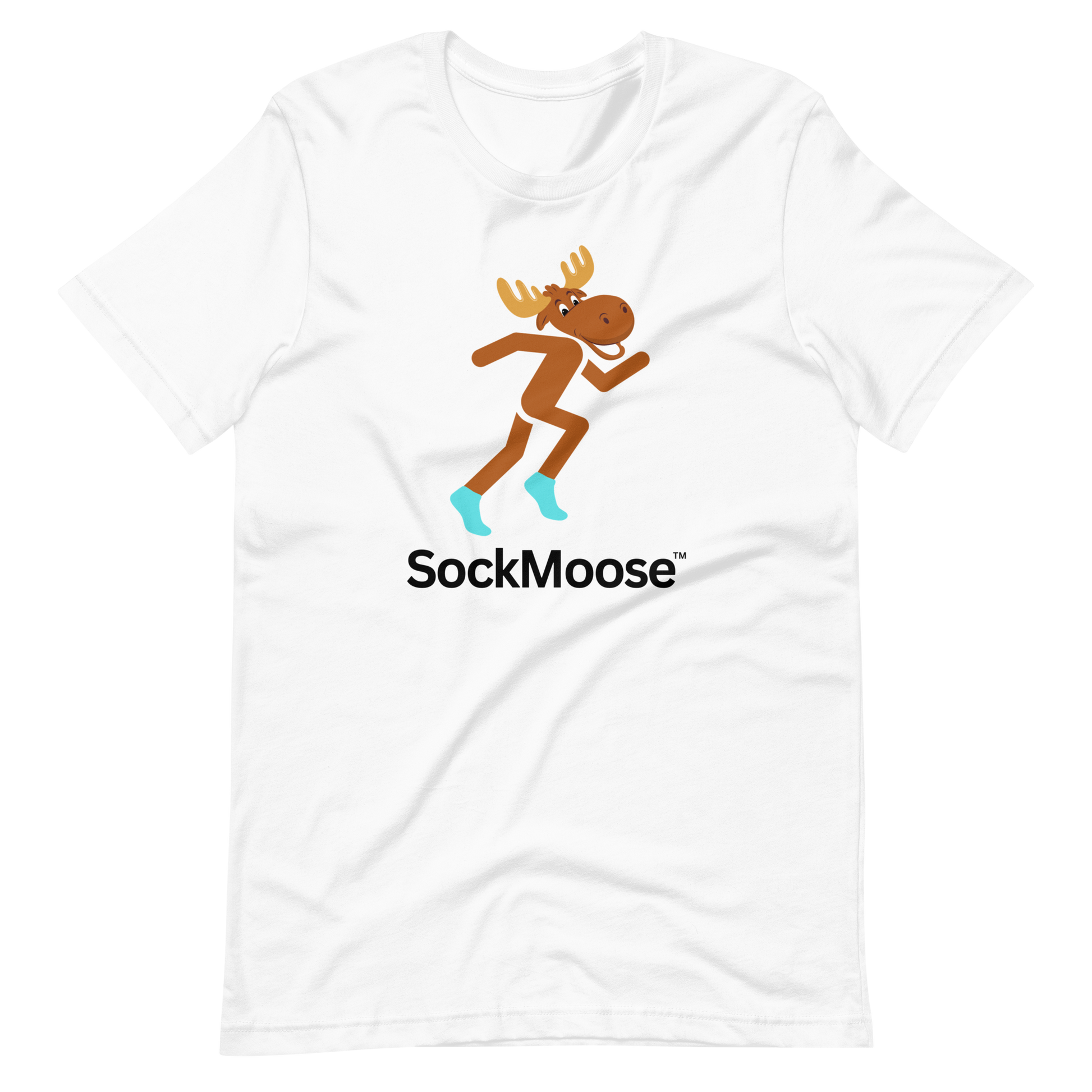 White Runnin' Moose Graphic T-Shirt featuring a cartoon moose running in SockMoose socks