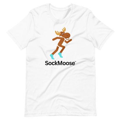 White Runnin' Moose Graphic T-Shirt featuring a cartoon moose running in SockMoose socks