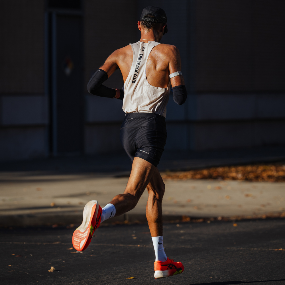 Male runner wearing SockMoose running socks white crew length in a marathon