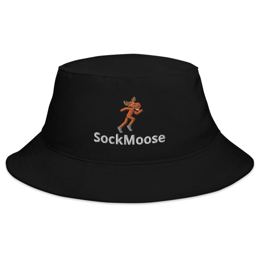 Black Runnin' Moose Bucket Hat featuring the fun SockMoose logo, displayed on a plain white background.